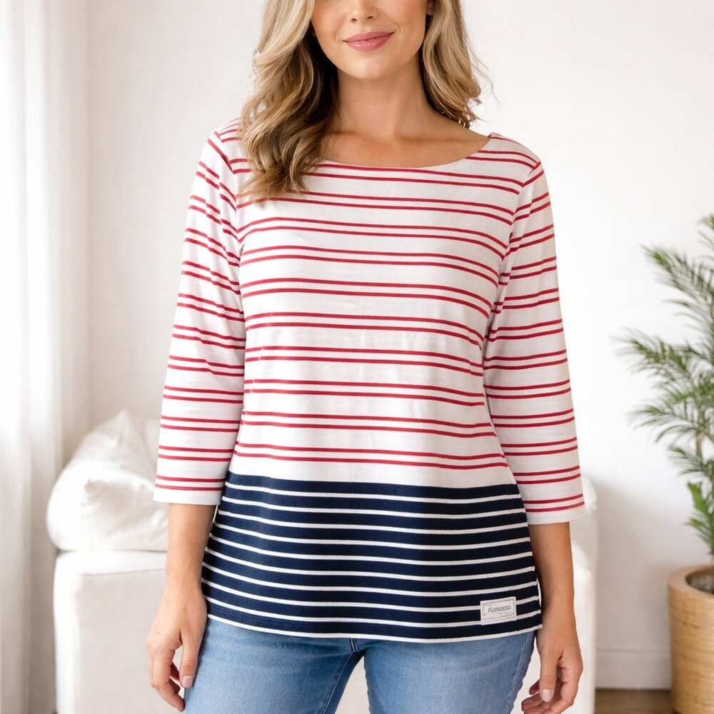 Talbots 100% Cotton Colorblock Destin Stripe Boat Neck 3/4 Sleeve T-Shirt XL